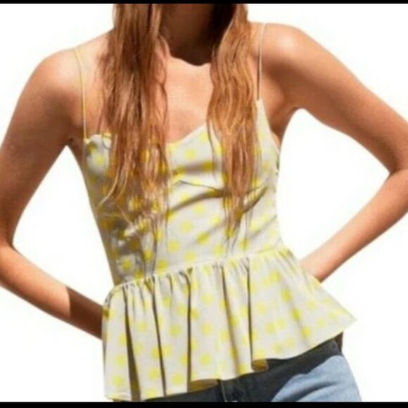 Zara Size Medium Grey Yellow Polka Dot Smocked Peplum Tank Top Cami Coquette - Picture 1 of 7